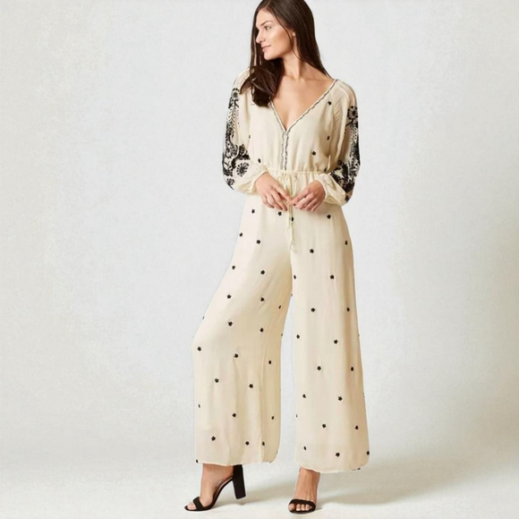 Boho Embroidered Wide-Leg Jumpsuit Cream Floral Balloon Sleeve Sz L - Picture 1 of 16